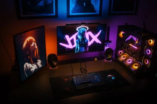 a close-up of a high refresh rate gaming monitor displaying a fast-paced fps scene with motion blur, dark room with blue ambient light, editorial product photography, shallow depth of field, no people