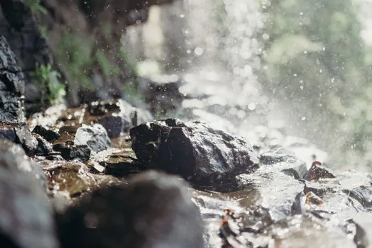 a rugged waterproof bluetooth speaker placed on wet rocks beside a calm lake, water droplets on the surface, soft overcast daylight, outdoor lifestyle photography, shallow depth of field