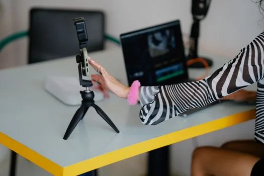 AI video editing workspace laptop