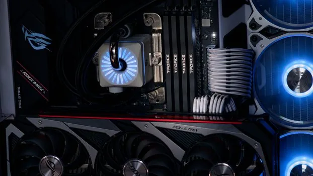 desktop GPU server workstation with visible memory modules and cooling fans