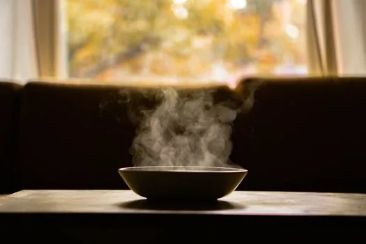 freshly cooked white rice in an open electric rice cooker with steam rising, warm kitchen counter, soft morning light, close-up editorial food photography