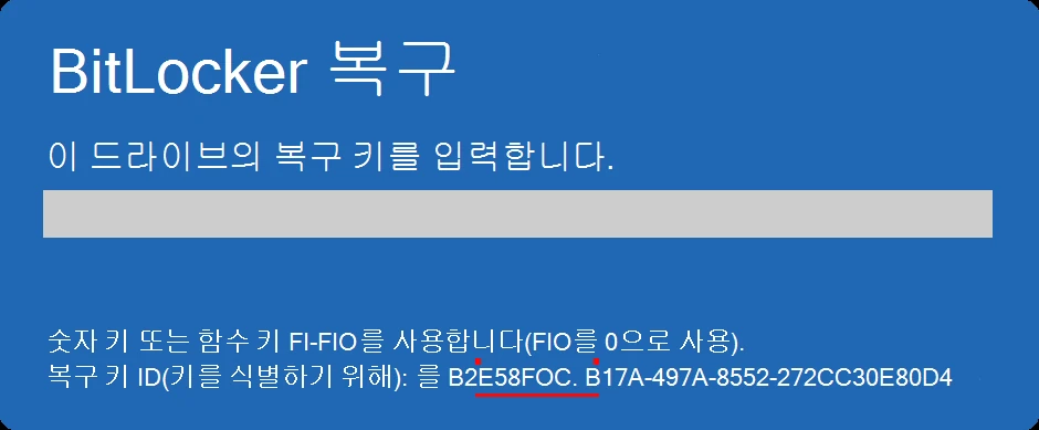 BitLocker 복구 화면에서 키 ID 앞 8자리를 확인하는 예시