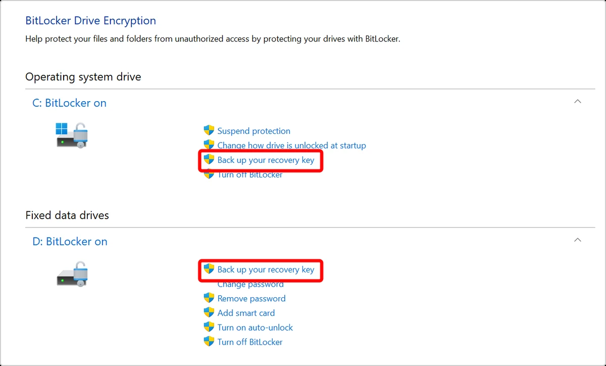 Windows BitLocker 관리 화면에서 복구 키 백업 메뉴가 보이는 예시