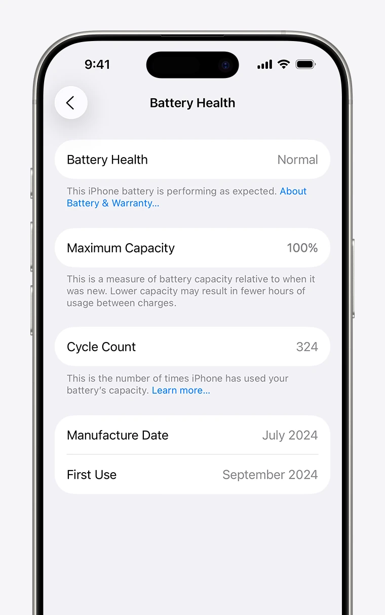 iPhone 15 이후 배터리 성능과 사이클 수 설정 화면