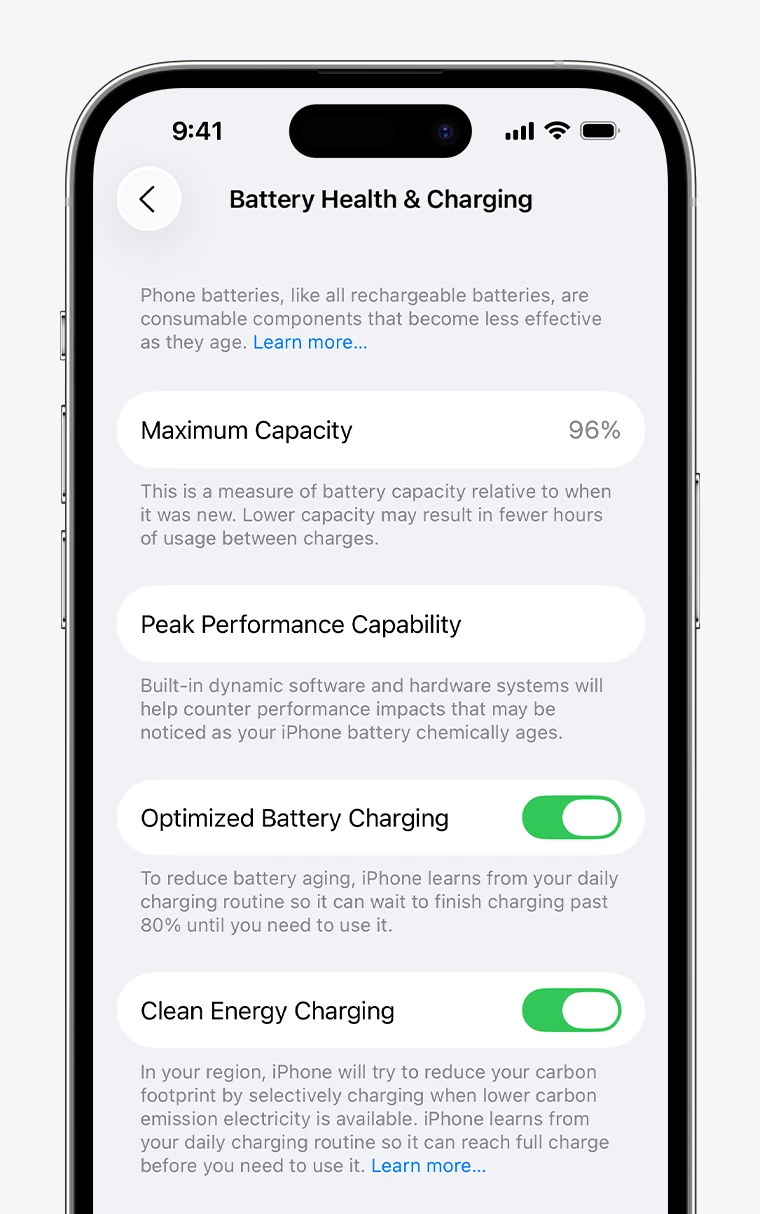 iPhone 14 이전 배터리 성능 및 충전 설정 화면