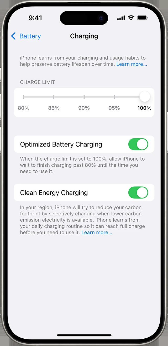 iPhone 15 이후 80~100% 충전 한도 설정 화면