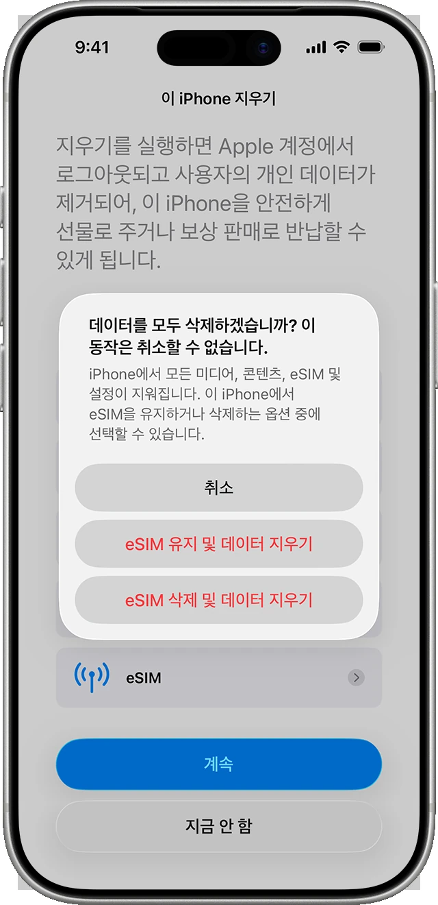 iPhone 초기화 과정에서 eSIM 유지 및 데이터 지우기와 eSIM 삭제 및 데이터 지우기 선택지를 보여주는 공식 화면