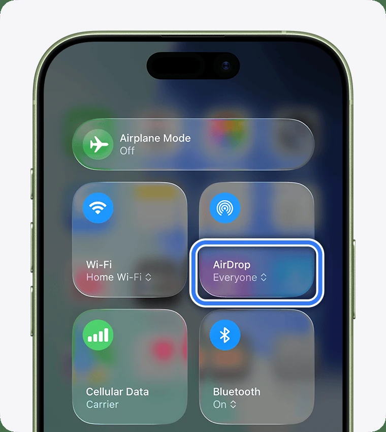 iPhone 제어 센터에서 AirDrop 수신 범위를 여는 공식 화면