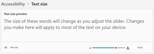 Windows 11 Text size 슬라이더 공식 설정 화면