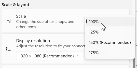 Windows 11 Scale and layout 공식 설정 화면