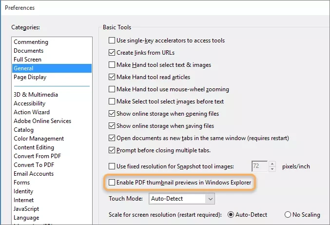 Adobe Acrobat PDF 썸네일 미리보기 설정 화면