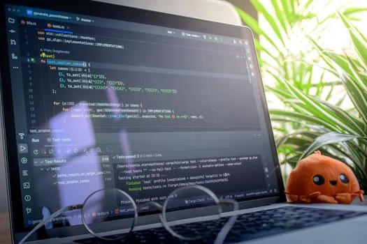programmer running automated tests beside AI assistant output and issue list on laptop
